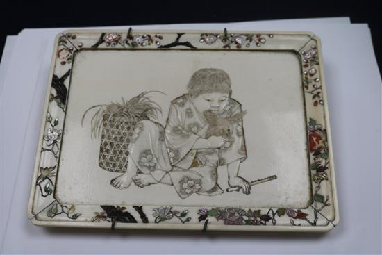 A Japanese ivory and shibayama plaque